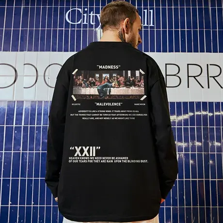 oversize欧美潮牌国潮嘻哈宽松油画打底长袖T恤潮流大码男装春秋商品大图