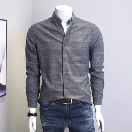 格慕施衬衫男士长袖商务休闲大码宽松条纹青年法兰绒磨毛弹力衬衣商品大图