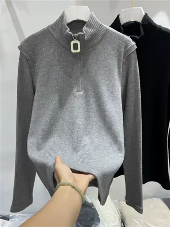 欧货洋气竖纹加厚抓绒半拉链半高立领T恤女秋冬设计感打底衫上衣商品大图