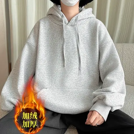 美式vibe休闲灰色连帽卫衣男秋冬季加绒潮牌宽松港风chic上衣外套商品大图