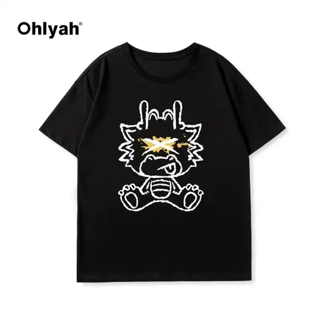 Ohlyah春夏新款卡通手绘小龙印花黑色t恤男女款大码短袖纯棉上衣商品大图