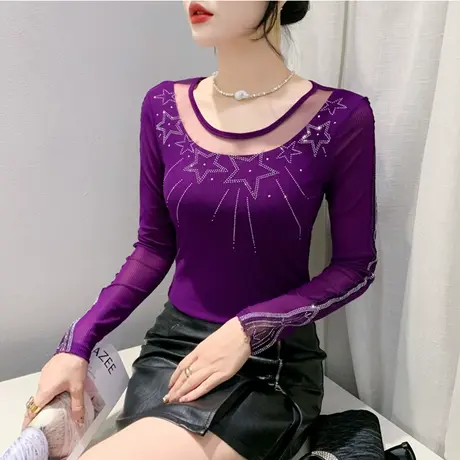 欧货设计感长袖打底衫网纱拼接镂空烫钻洋气内塔上衣女修身T恤ins商品大图