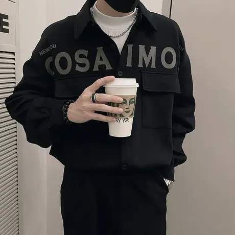 春秋季新款长袖衬衫外套男宽松痞帅字母印花夹克衬衣重工休闲外套商品大图