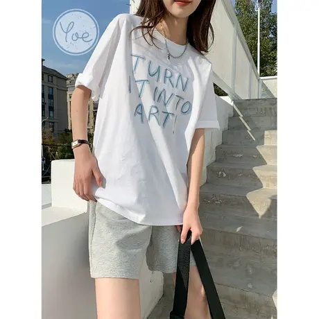 yoe短袖t恤女23夏季新款白色打底休闲字母印花chic上衣ins流行潮商品大图