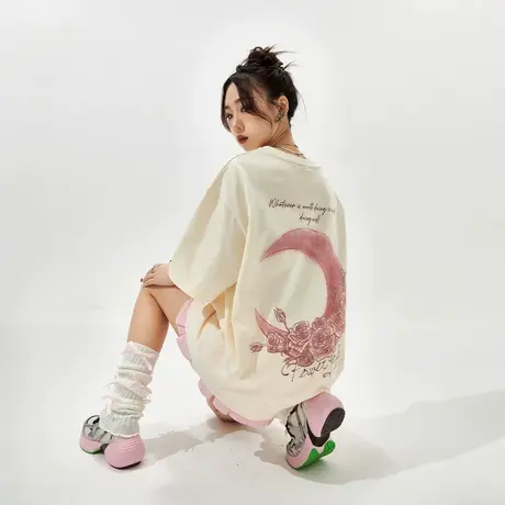 YEP复古玫瑰花短袖t恤女夏装2025新款情侣装宽松oversize打底上衣图片