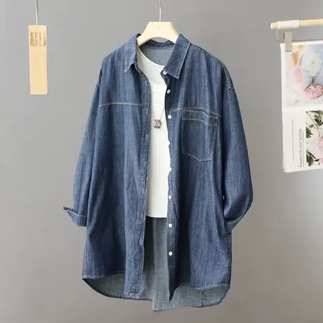 港风中长款牛仔衬衫女外套宽松大码衬衣开衫春秋季高级感叠穿上衣商品大图