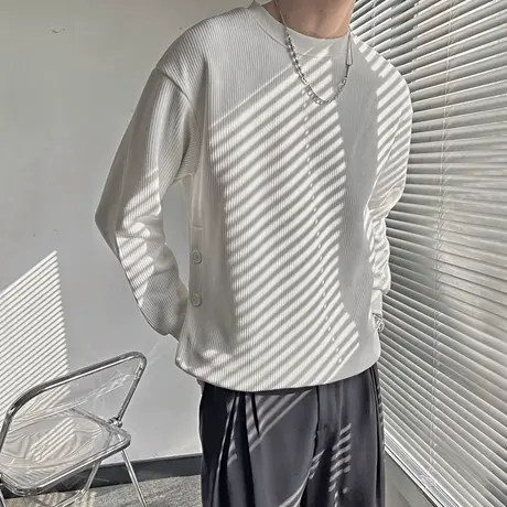 假两件卫衣男春季新款潮牌轻熟圆领打底上衣重磅美式坑条长袖T恤商品大图