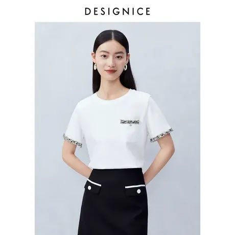 迪赛尼斯夏季新款通勤圆领简约精致印花纯棉白色短袖T恤女商品大图
