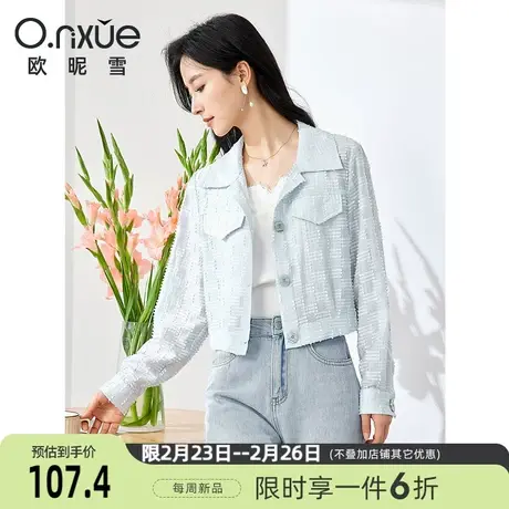 欧昵雪2024春季新款休闲翻领格子短外套女长袖直筒小个子通勤上衣商品大图