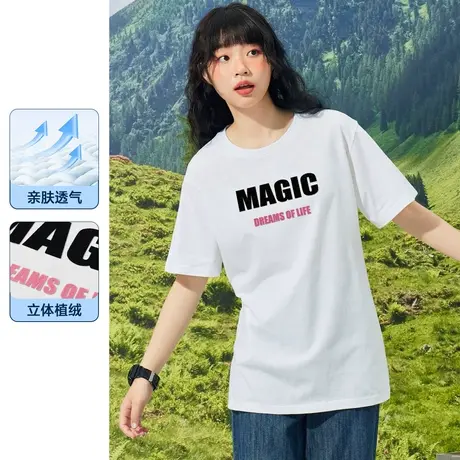 真维斯Z+女款夏季宽松纯棉短袖上衣欧美街头植绒潮流印花女T恤图片