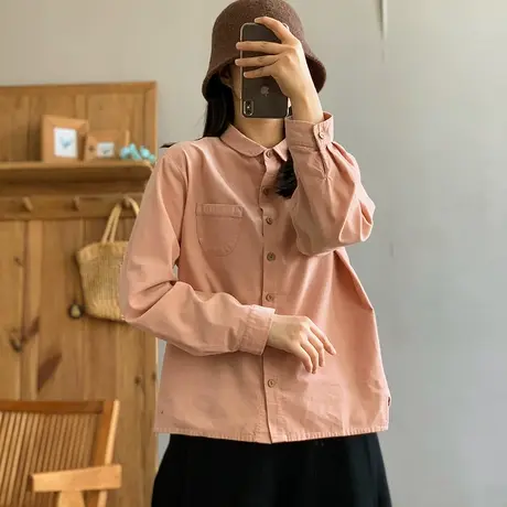 dza 复古纯色全棉翻领长袖内搭衬衣早春新款宽松上衣休闲短款衬衫商品大图