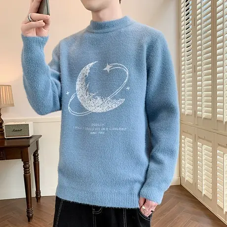 半高领海马毛衣男士秋冬季加厚中领针织衫打底衫青少年学生线衣服商品大图