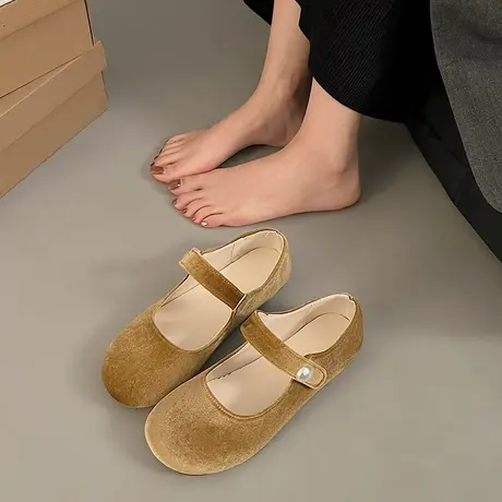 复古玛丽珍鞋女2024年春夏季新款潮流百搭浅口单鞋平底绒面奶奶鞋商品大图