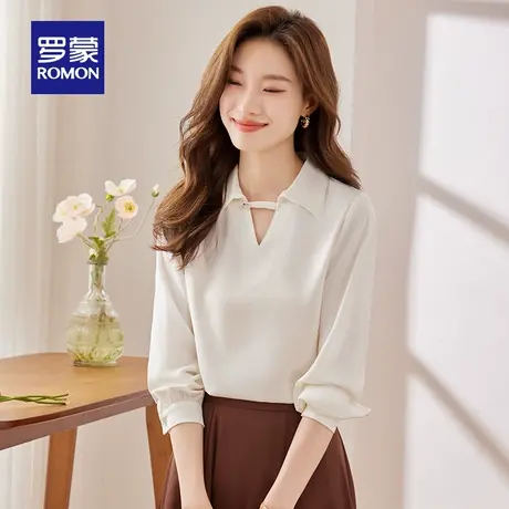 罗蒙女士时尚V领长袖衬衫2024春季新款商务通勤气质优雅简约衬衣图片