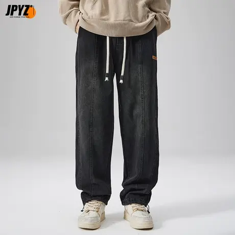 大码松紧带牛仔裤男士修身直筒束脚休闲长裤子透气春秋新款百搭潮商品大图