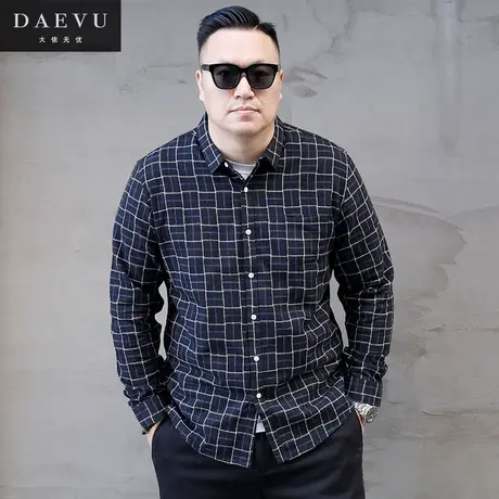 秋新款深格子大码男装韩版潮胖子大号加肥加大男士长袖衬衫衬衣商品大图