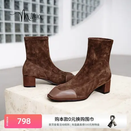 millie's妙丽冬新款羊绒弹力英伦风粗跟瘦瘦靴女中靴23059DZ3商品大图