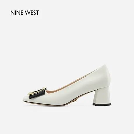 Nine West/玖熙中跟单鞋女2023秋新款方头小香风优雅牛皮通勤女鞋商品大图