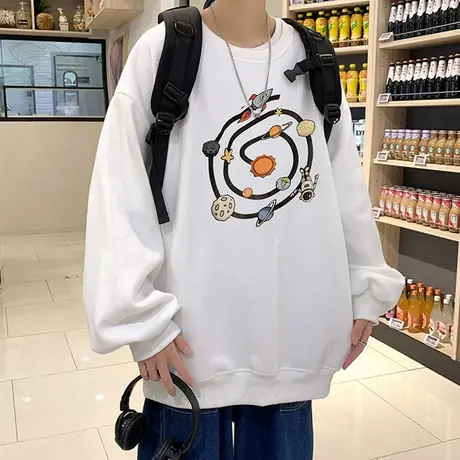 卡通圆领卫衣男无帽春秋季慵懒风宽松上衣服ins潮流百搭盐系外套商品大图