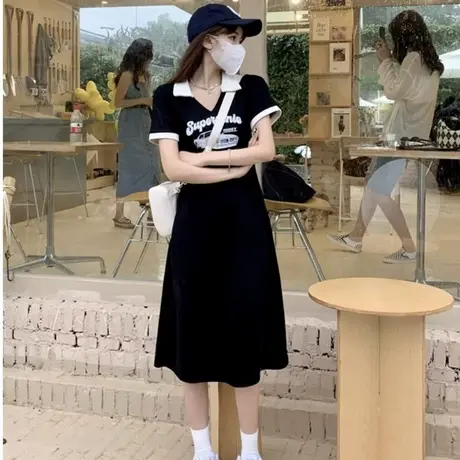 大码黑色polo领收腰短袖连衣裙女夏装胖mm休闲减龄显瘦裙子200斤商品大图