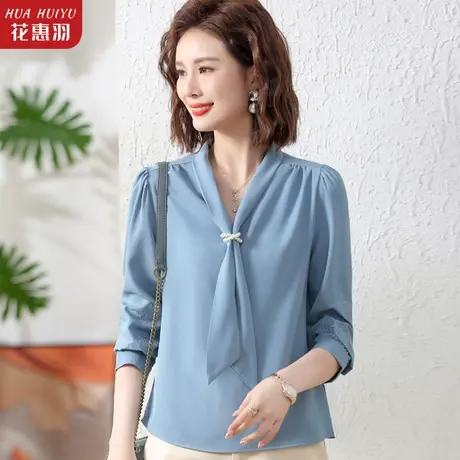 中年妈妈秋装新款飘带中老年女春秋季洋气雪纺小衫T恤上衣40岁50图片