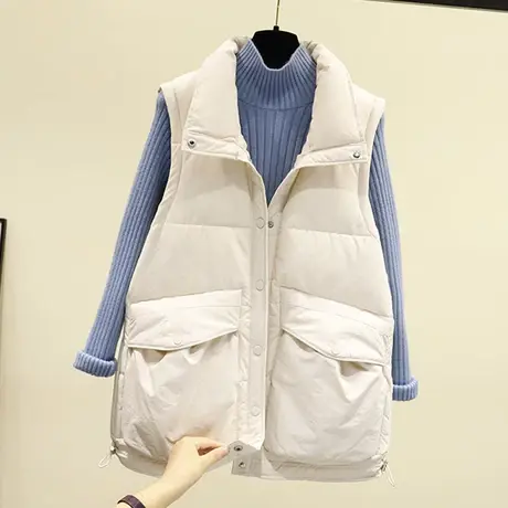 羽绒棉马甲女2021春韩版新款立领抽绳时尚大口袋短款显瘦百搭背心商品大图