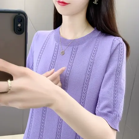 冰丝短袖t恤女夏季小短款配裙子复古圆领竖条镂空纯色打底针织衫商品大图