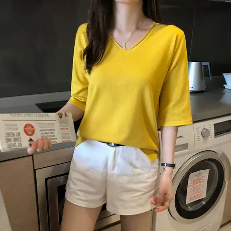 半袖女2023新款潮v领上衣女宽松短款针织打底衫薄款超火cec短袖女商品大图