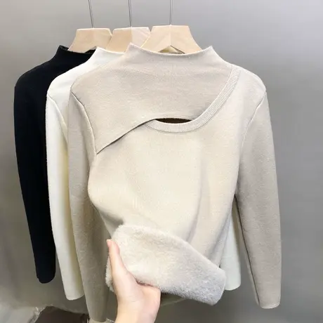 加绒半高领毛衣女一体绒加厚打底衫2023秋冬新款针织衫内搭上衣潮商品大图