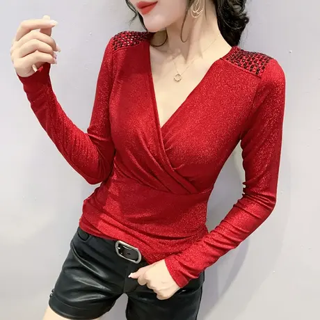 2023春秋新款性感V领交叉T恤女长袖设计感洋气上衣紧身内搭打底衫商品大图