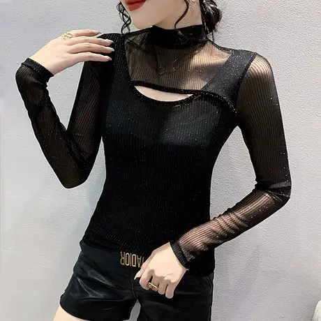 网纱黑色打底衫女士内搭春秋性感镂空T恤长袖时尚钉珠半高领上衣商品大图