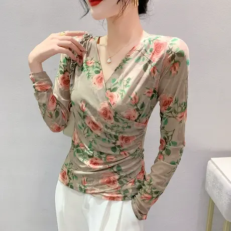2023秋新款性感V领网纱长袖T恤女洋气修身内搭打底衫漂亮印花上衣商品大图
