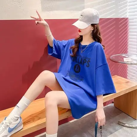oversize克莱因蓝纯棉T恤女2023夏季新款宽松短袖中长款上衣ins潮商品大图