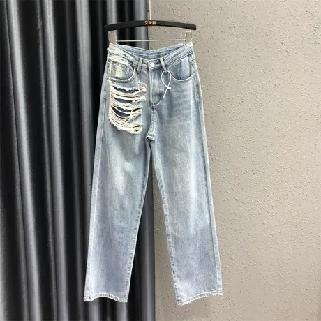 2023夏季新款浅蓝色个性破洞宽松显瘦牛仔直筒裤女港味高腰长裤潮商品大图