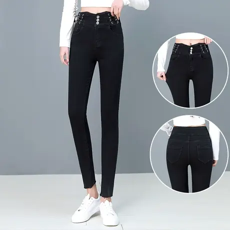 黑色紧身牛仔裤女高腰显瘦设计感时尚排扣铅笔裤百搭修身小脚裤子图片