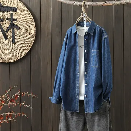 枫谜秋季新款单口袋水洗蓝色韩版翻领长袖复古衬衫开衫外套图片