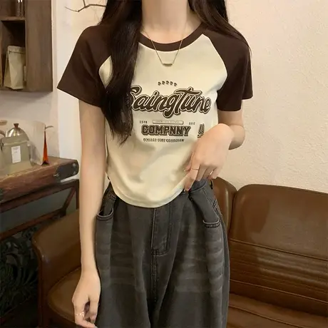 美式复古撞色插肩短袖t恤女夏季小个子修身紧身显瘦短款正肩上衣商品大图