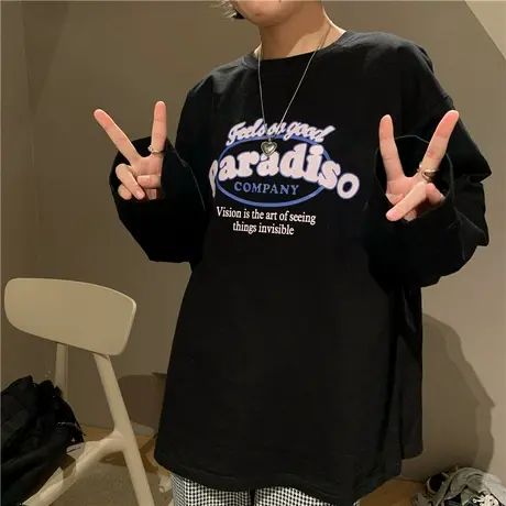 原创~2023春装新款韩版百搭宽松字母长袖套头T恤女卫衣上衣ins潮图片