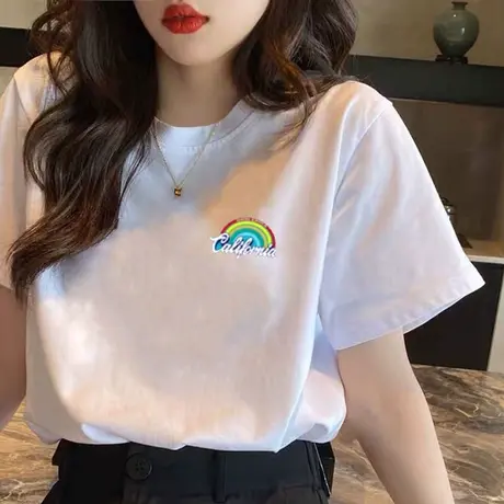 白色打底衫女春季洋气宽松圆领内搭纯色短袖t恤夏百搭长袖上衣服图片