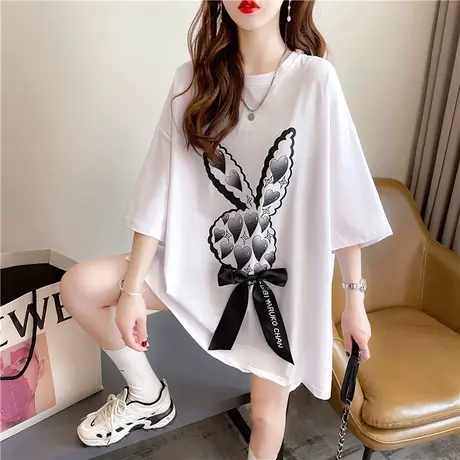 设计感小众短袖t恤女夏季韩版宽松大码女装中长款百搭蝴蝶结上衣图片