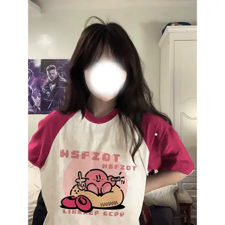 纯棉撞色插肩短袖t恤女夏季小众设计感韩版宽松半袖上衣oversize图片