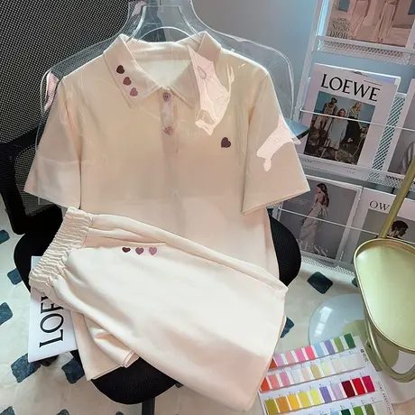 休闲运动polo衫套装女夏季新款爱心刺绣设计感学生短袖短裤两件套图片