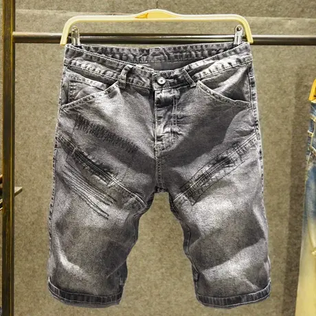 2023年新款牛仔短裤男潮牌宽松中裤黑色韩版潮流拼接休闲5五分裤商品大图