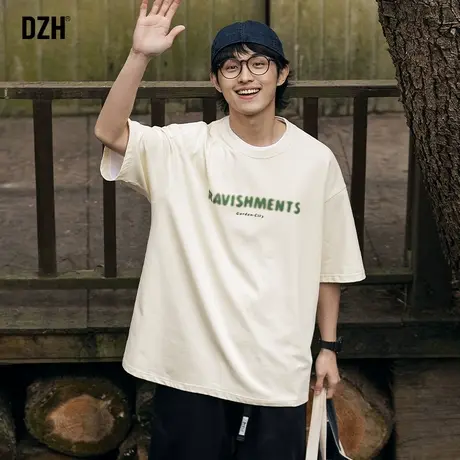 男生青少年杏色圆领t恤男短袖纯棉夏季男款上衣2023新款潮牌男装商品大图