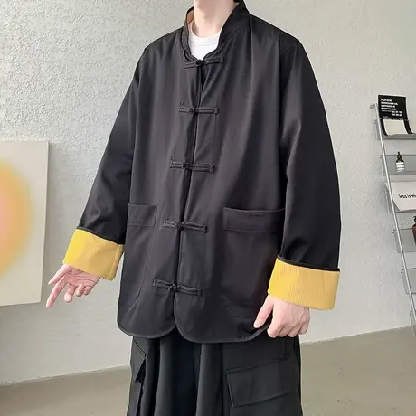 中国风秋季男夹克盘扣复古宽松青年加肥加大码衣服中式外套两面穿图片