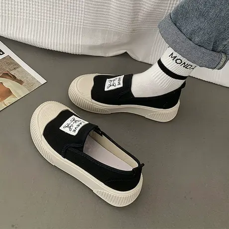 小白鞋女2023春秋新款透气圆头帆布鞋一脚蹬软底舒适厚底休闲鞋子图片