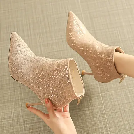 尖头名媛细跟高跟鞋女2023秋冬新款性感水钻百搭网红瘦瘦加绒短靴图片