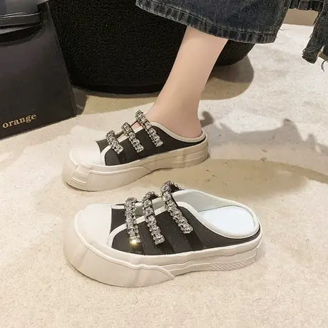 2023新款韩式小香风水钻包头凉拖鞋女绸缎厚底大头小蛮腰运动拖鞋图片