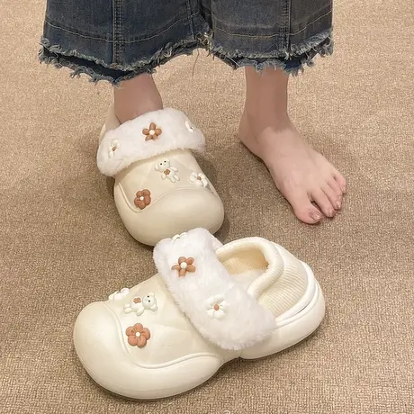 可爱小熊棉拖鞋女冬季可拆卸毛绒厚底防水保暖居家包跟棉鞋可外穿商品大图