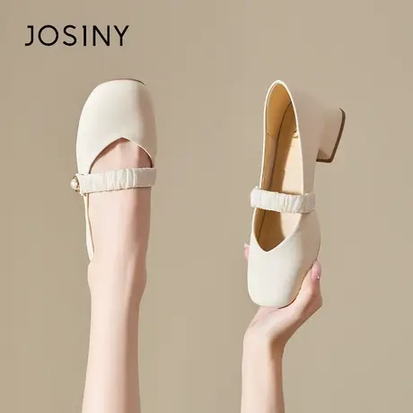 Josiny/卓诗尼粗跟褶皱一字带单鞋女夏季2023年新款复古百搭船鞋商品大图